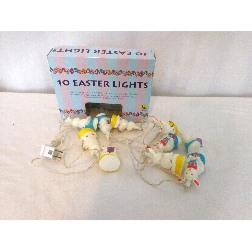 Easter Set of 10 Pastel Multi-Color‎ Rabbits Spring Lights  White Wire Vintage